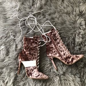 Velvet Lace Up Heeled Booties